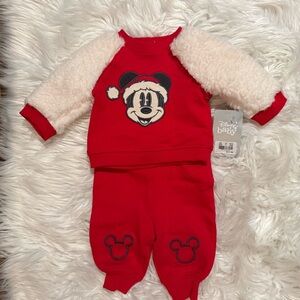 NWT Disney Baby Mickey Christmas Outfit 3M Red Sherpa Sleeve Top & Pants Set